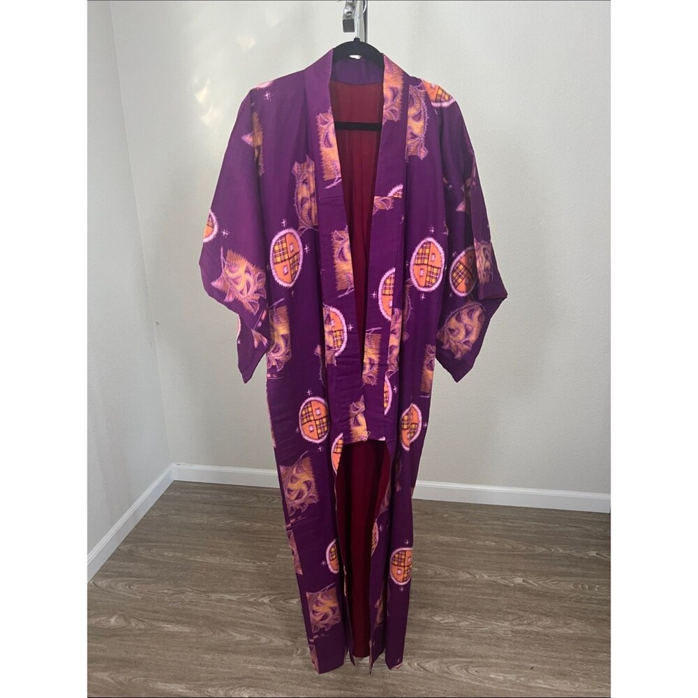 Vintage Handmade Japanese Kimono Robe 70's Purple Orange Design